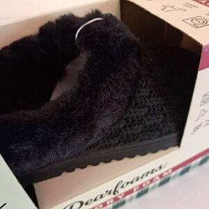 Dearfoams Womens Memory Foam Slippers Black Knit Faux Fur Medium 7-8